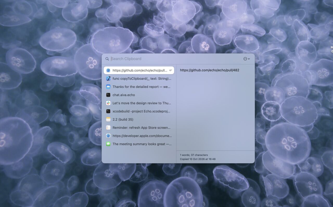 Echo clipboard history panel over the macOS desktop