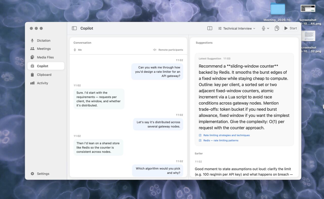 Echo Copilot window with conversation on the left and AI suggestions on the right