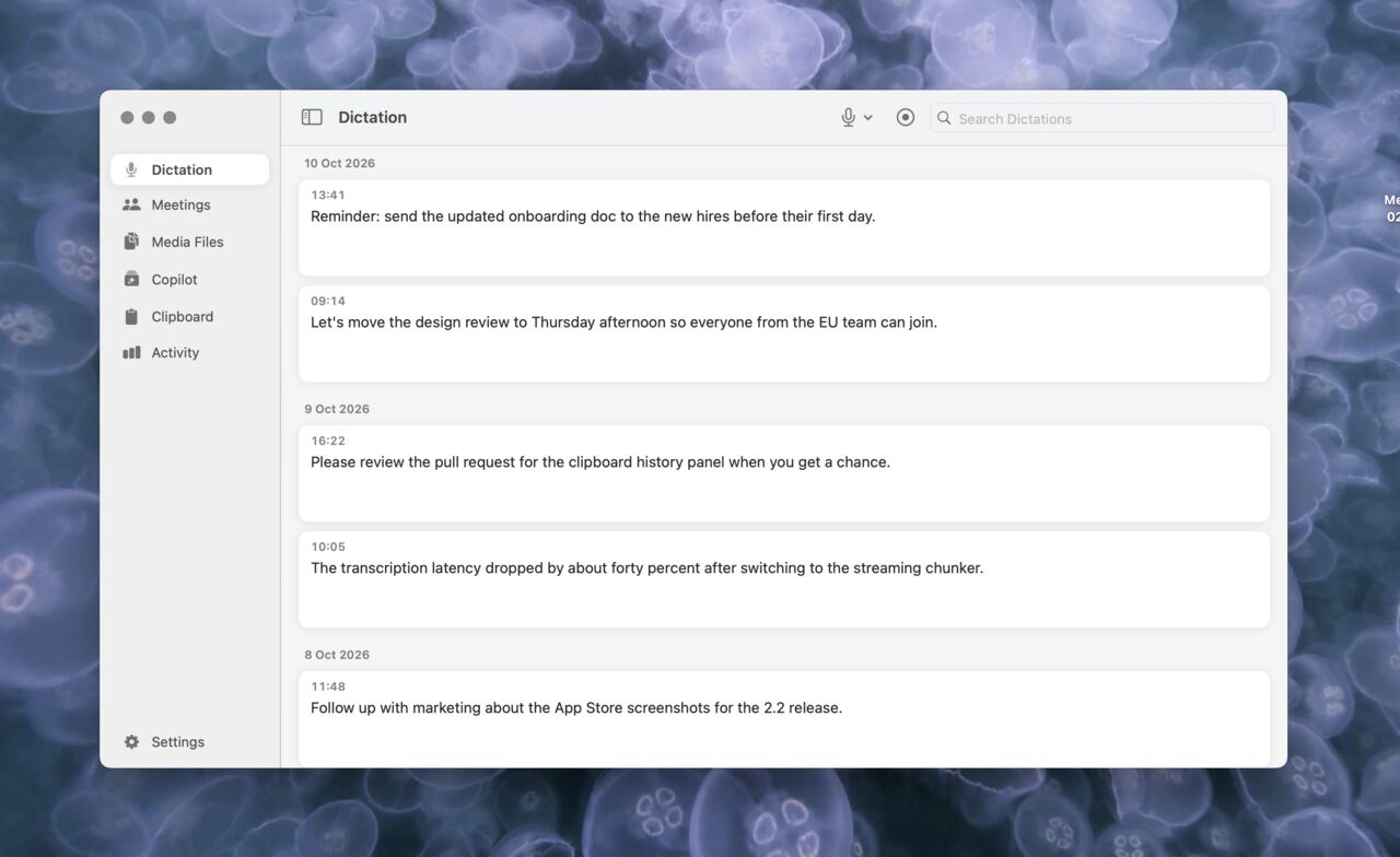 Echo Dictation window listing recent dictations grouped by date
